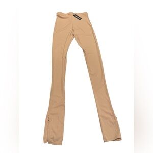 PrettyLittleThing Beige Ribbed Pants Tall Oatmeal Soft Split Hem Leggings New